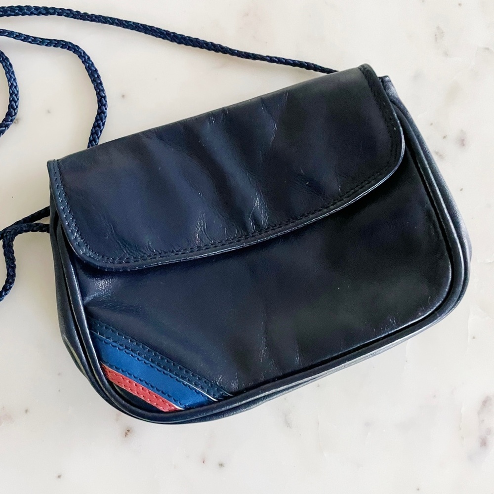 Vintage 1970’s Mini Leather Messenger Crossbody Bag, Blue with Red Detail
